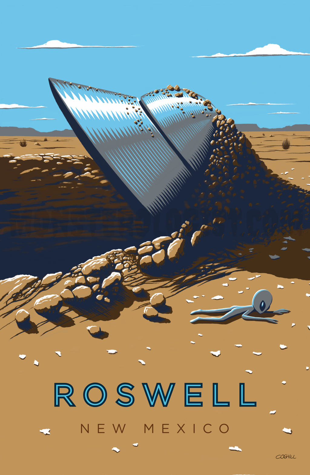 Roswell, New Mexico UFO crash vintage travel poster by Monsterologist. 