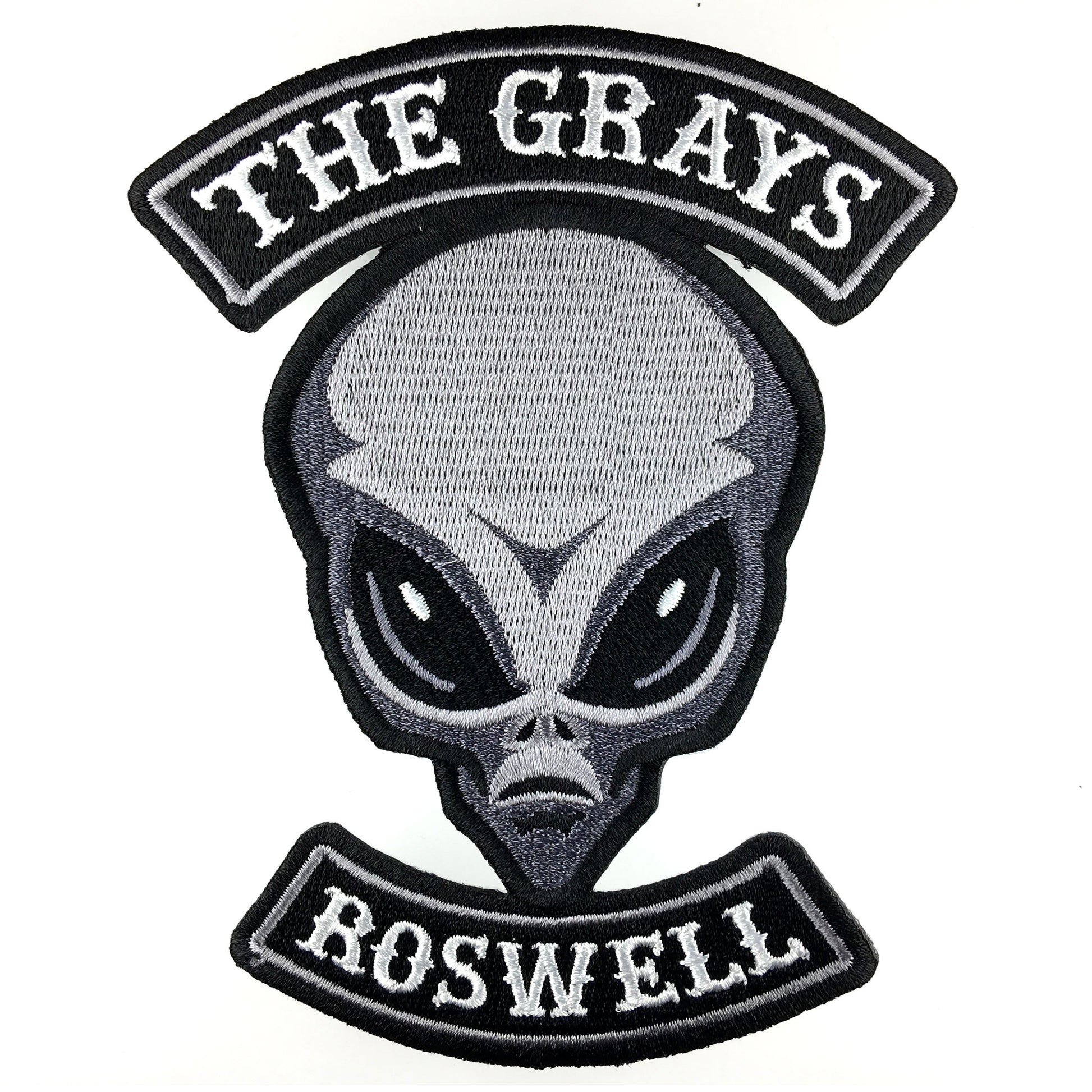 The Grays (Roswell) alien-themed cryptid motorcycle club biker embroidered patch