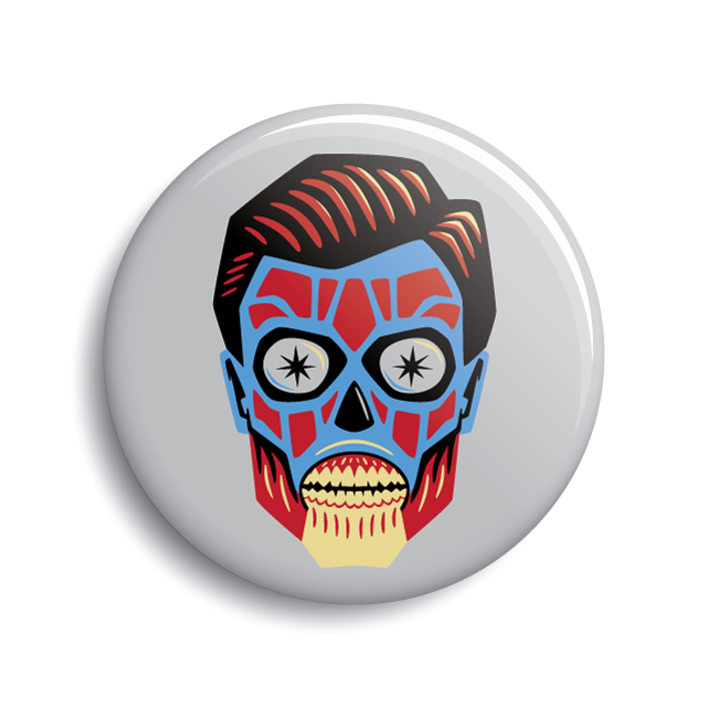 They Live alien head John Carpenter movie pin-back button by Monsterologist.