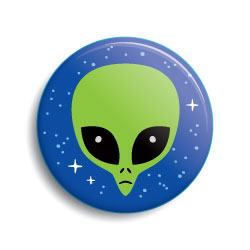 Green cartoon alien head funny pin-back button by Monsterologist