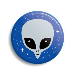 Gray alien cartoon head pin-back button by Monsterologist